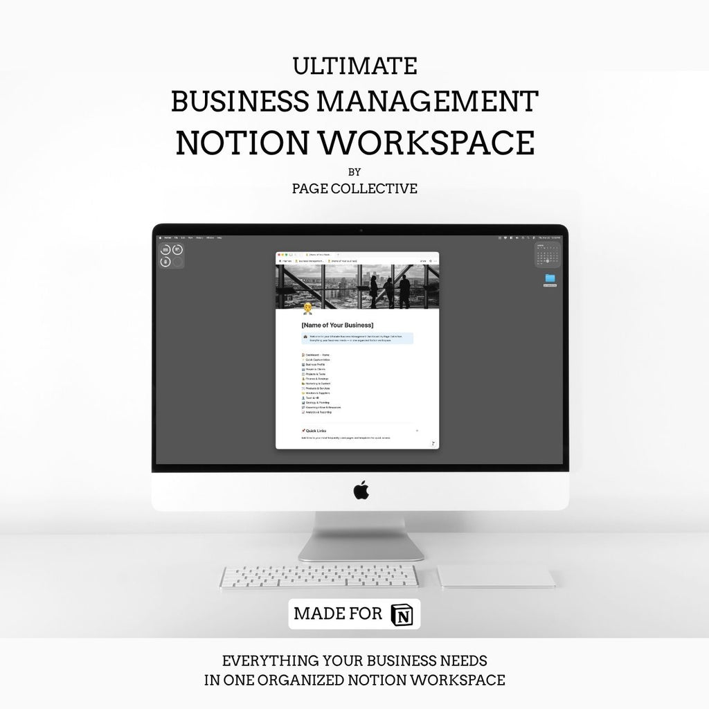 Computer monitor displaying a Notion workspace with text about an ultimate business management solution.