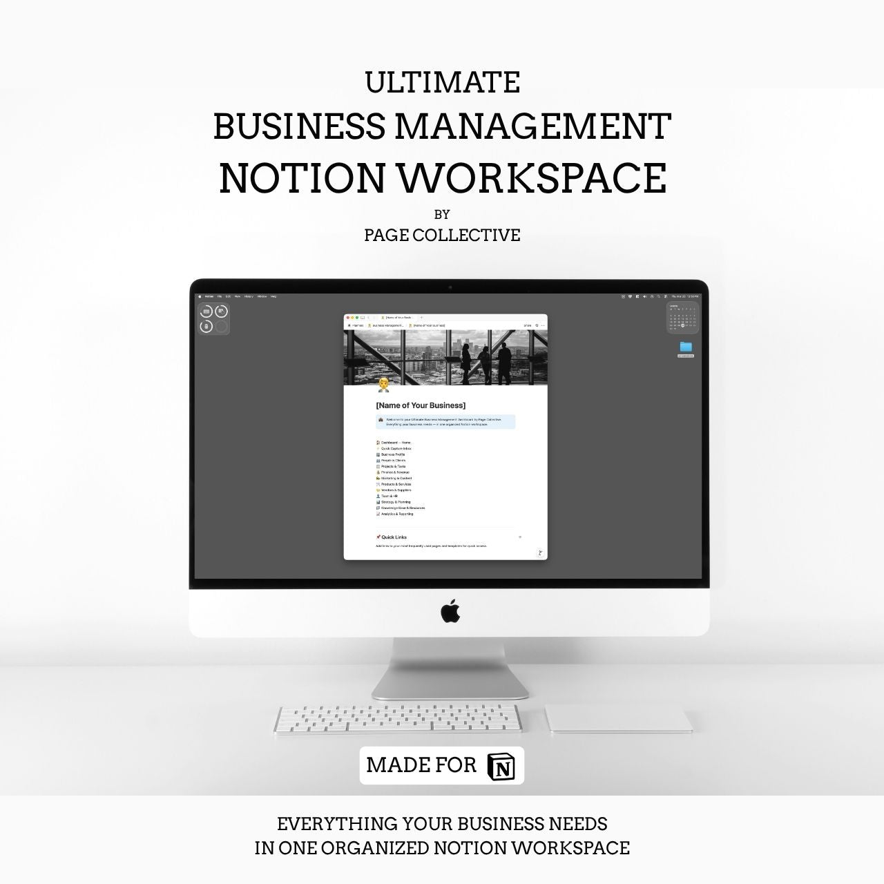 Computer monitor displaying a Notion workspace with text about an ultimate business management solution.