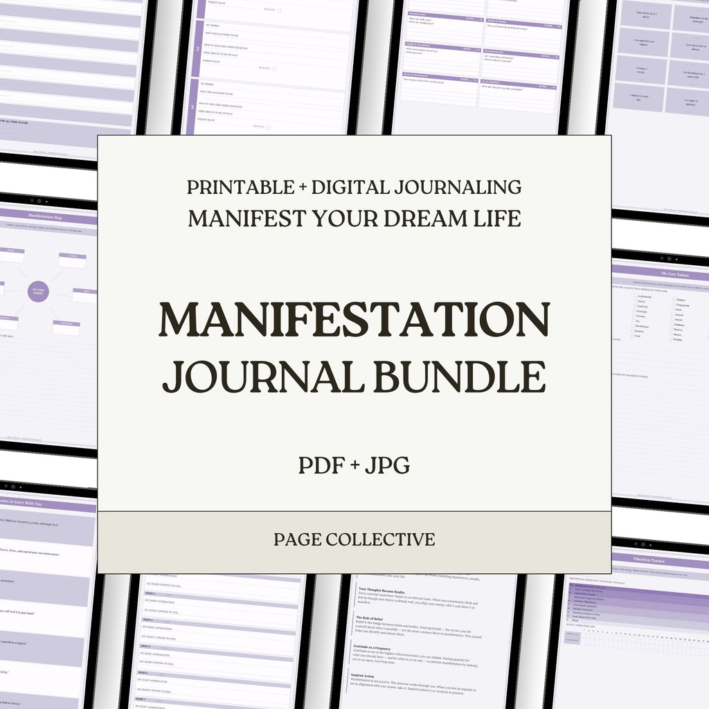 Manifestation Journal Bundle packaging with text on a patterned background