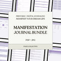 Manifestation Journal Bundle packaging with text on a patterned background