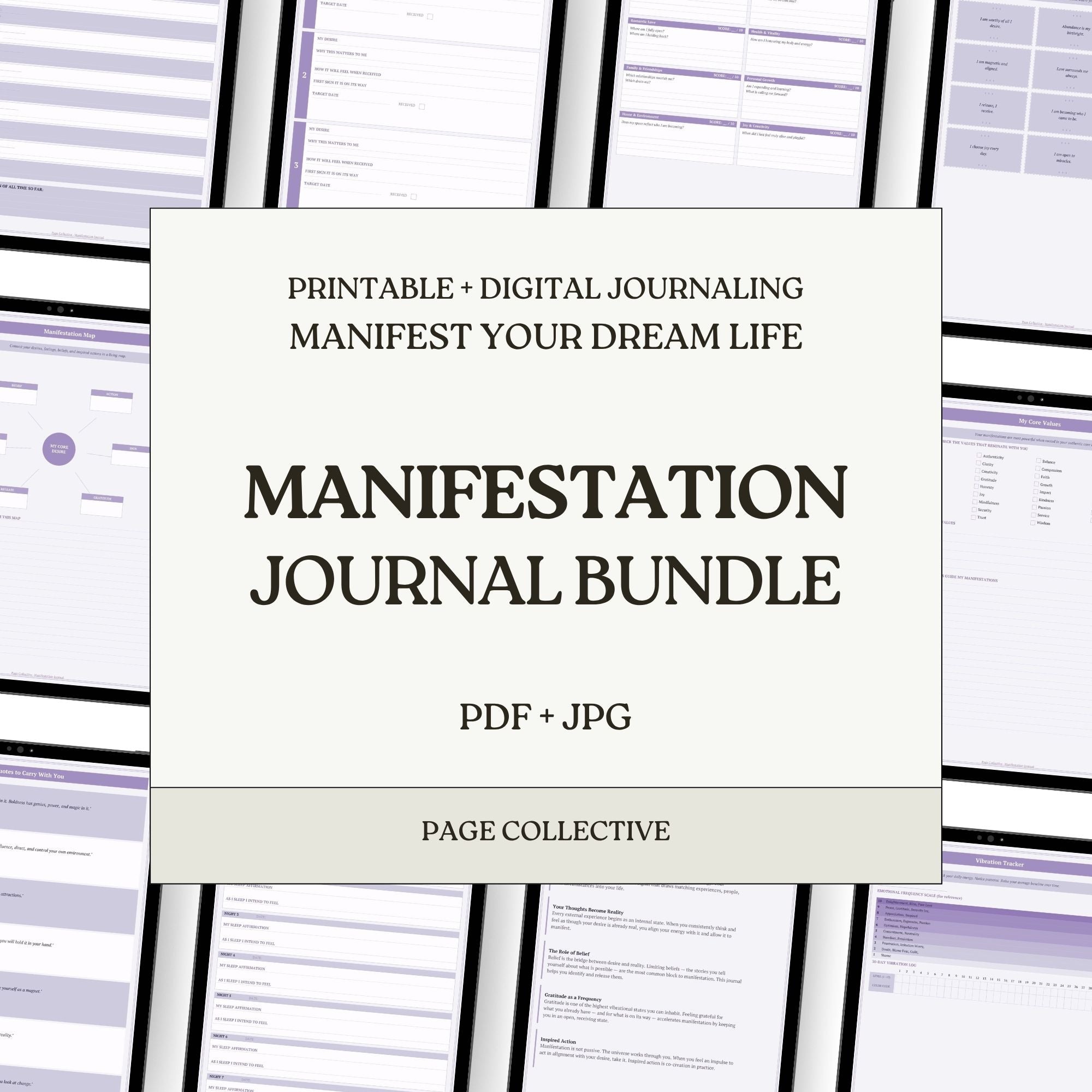 Manifestation Journal Bundle packaging with text on a patterned background