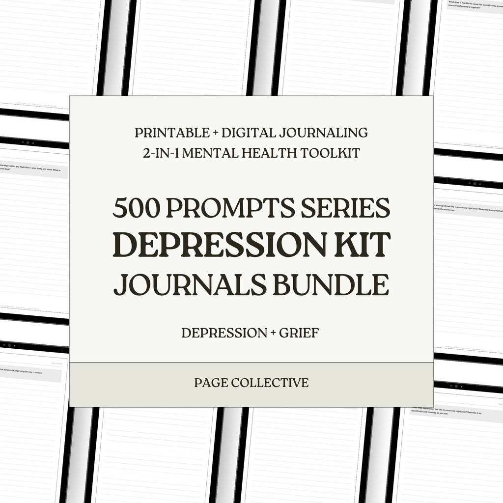 Journal bundle packaging with text on a white and black striped background