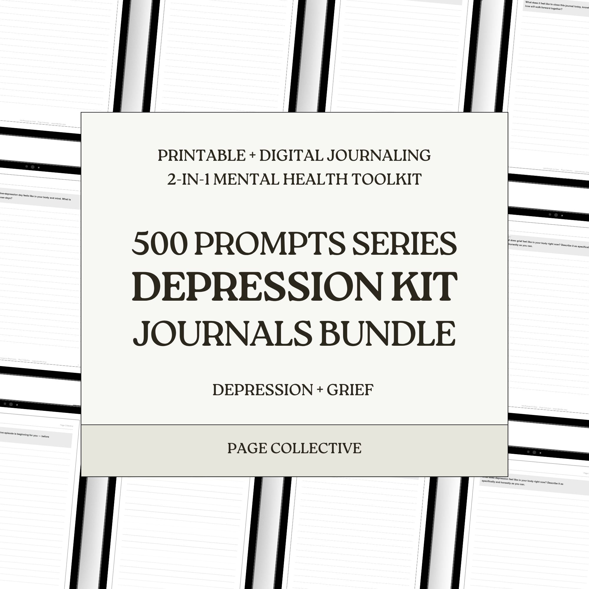 Journal bundle packaging with text on a white and black striped background