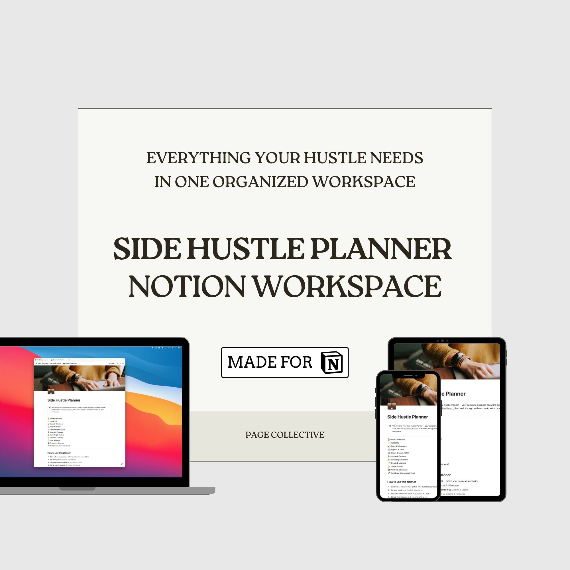Promotional infographic for Notion Side Hustle Planner by Page Collective