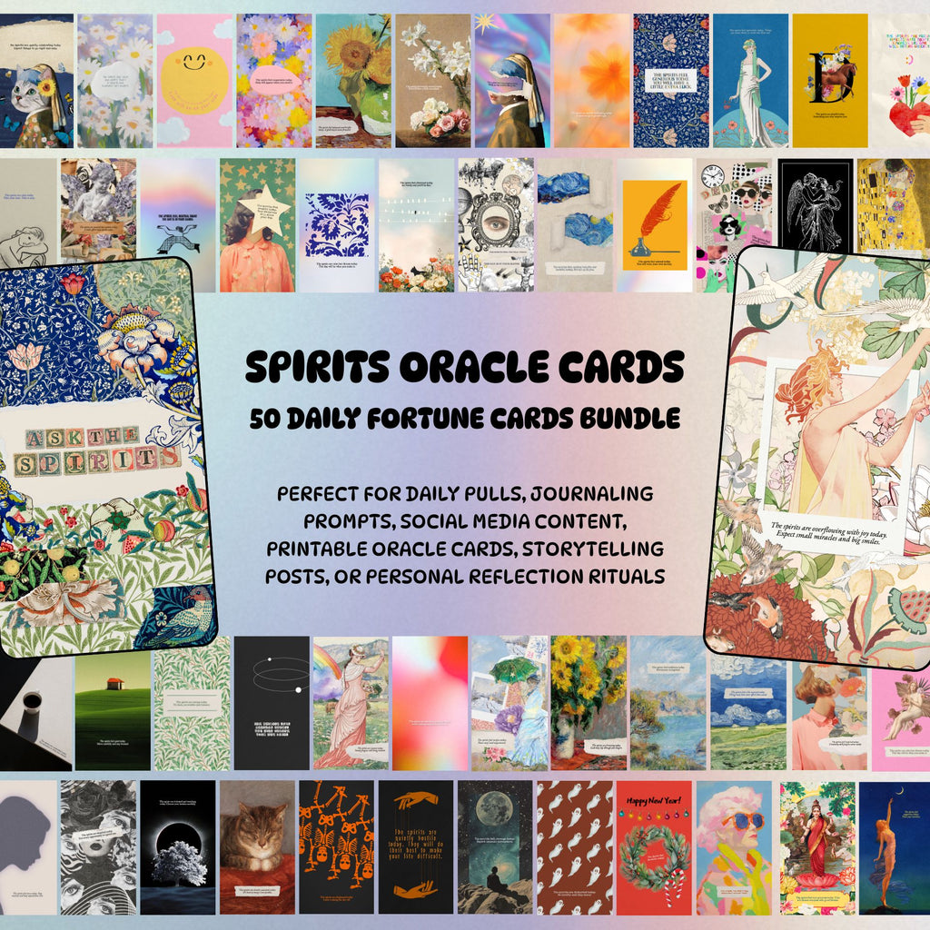 Collection of colorful oracle cards with text overlay on a light gray background