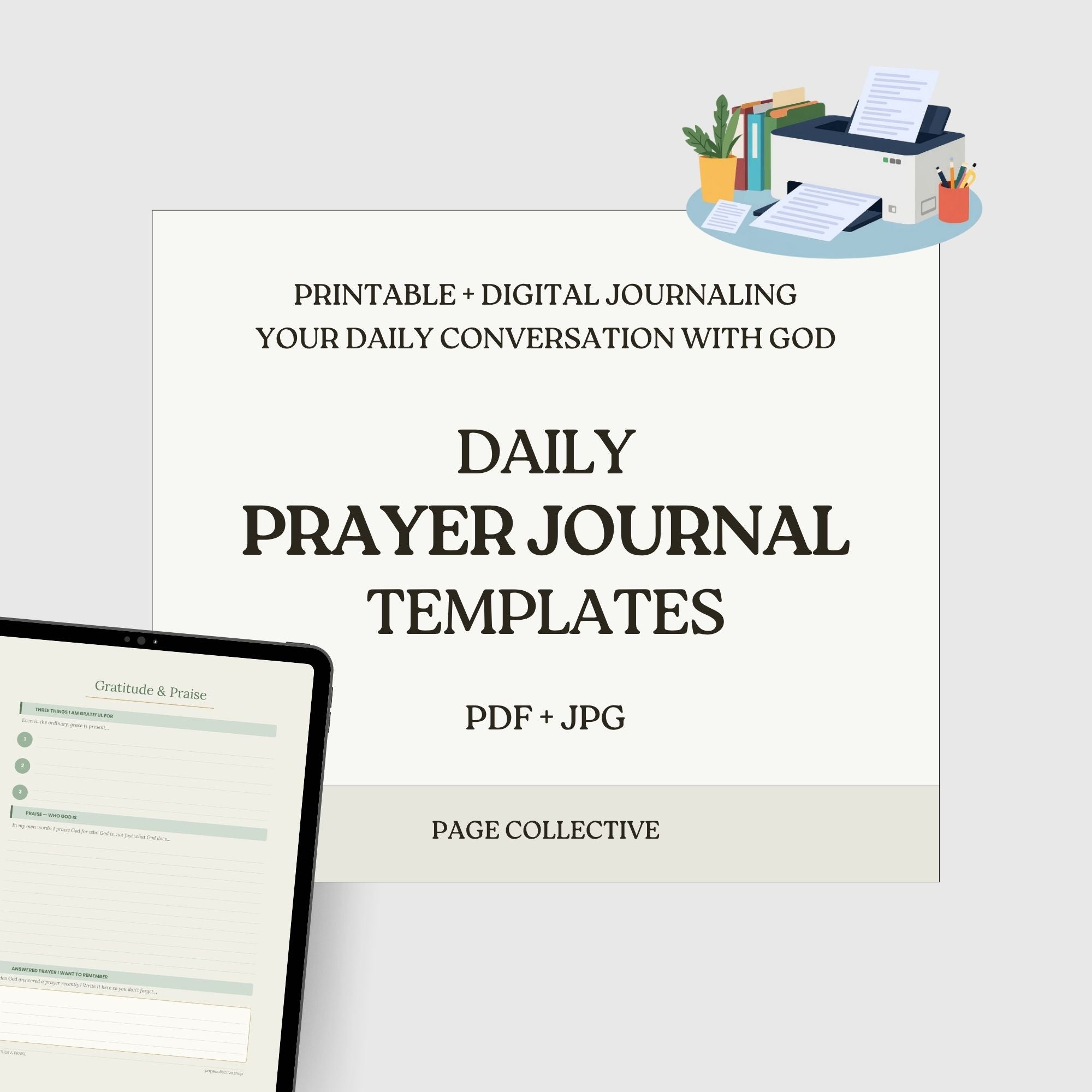 Promotional infographic for Daily Prayer Journal Template Bundle by Page Collective