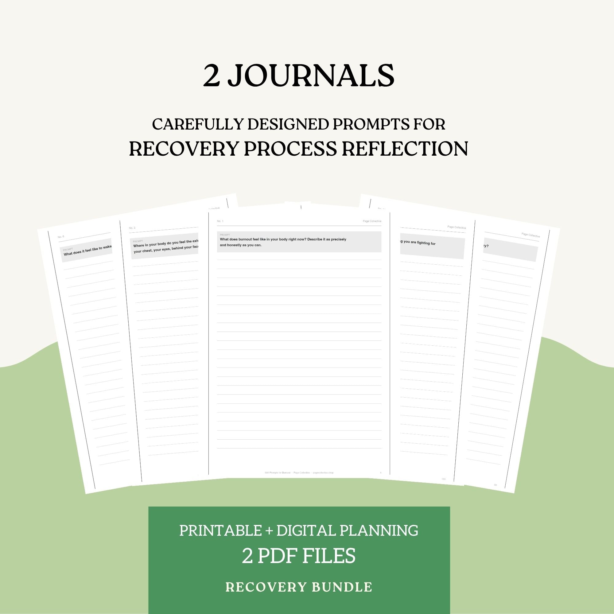 Two journals with prompts for recovery process reflection on a white background