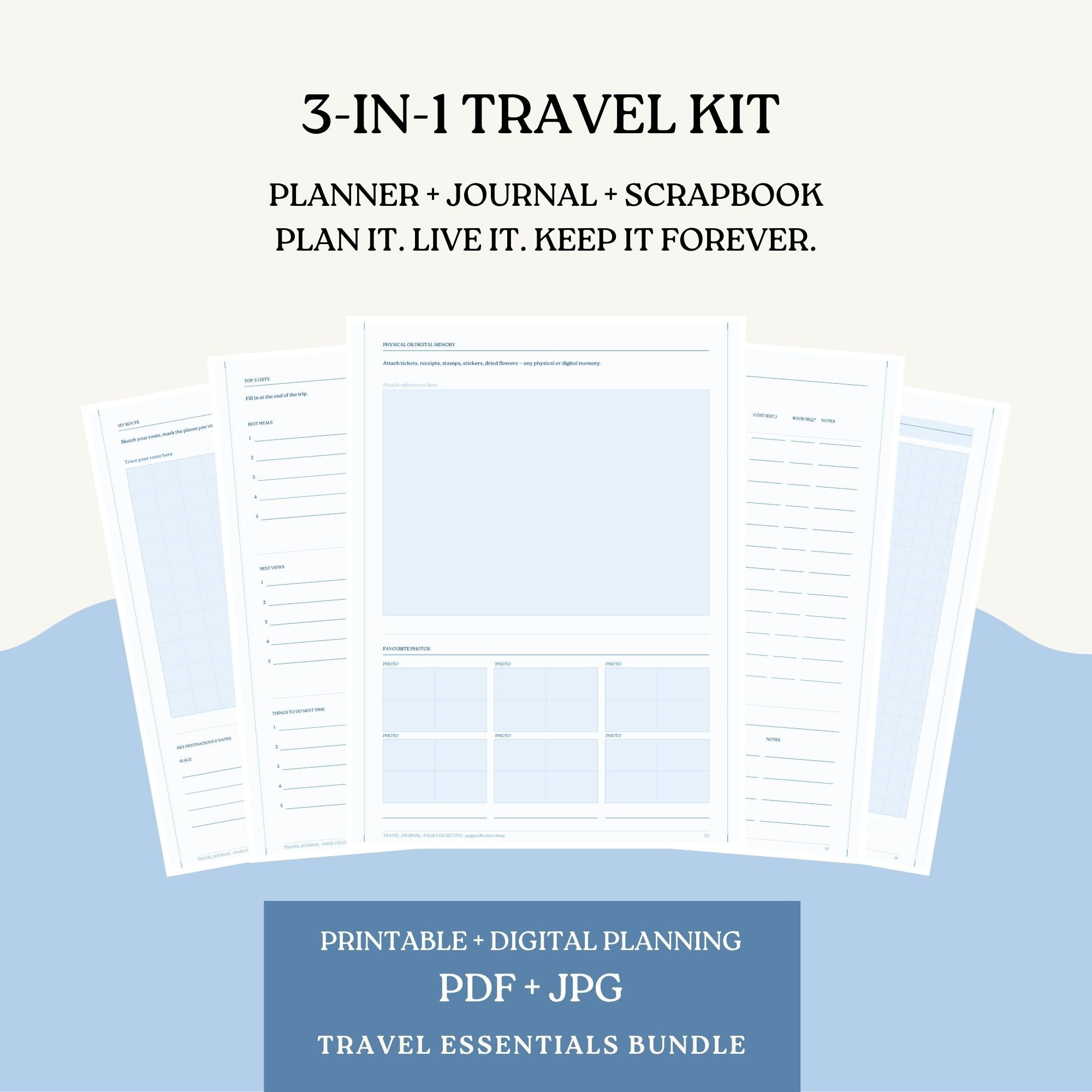3-in-1 travel kit planner, journal, and scrapbook on a light blue background with text.