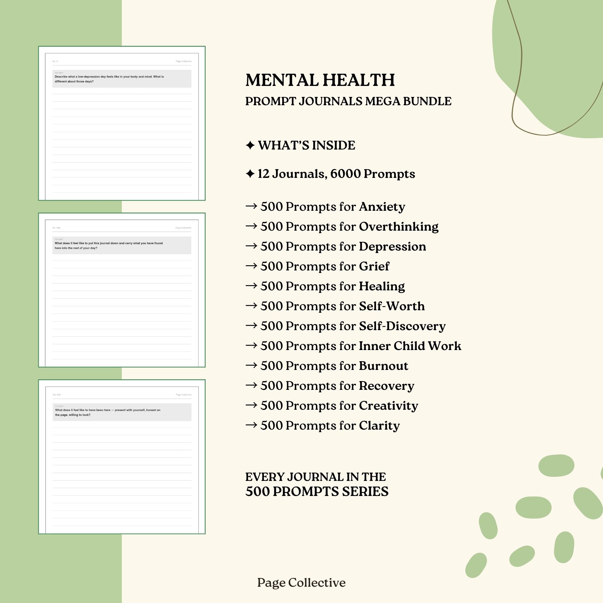 Promotional graphic for a Mental Health Prompt Journals Mega Bundle with text and minimal design elements.
