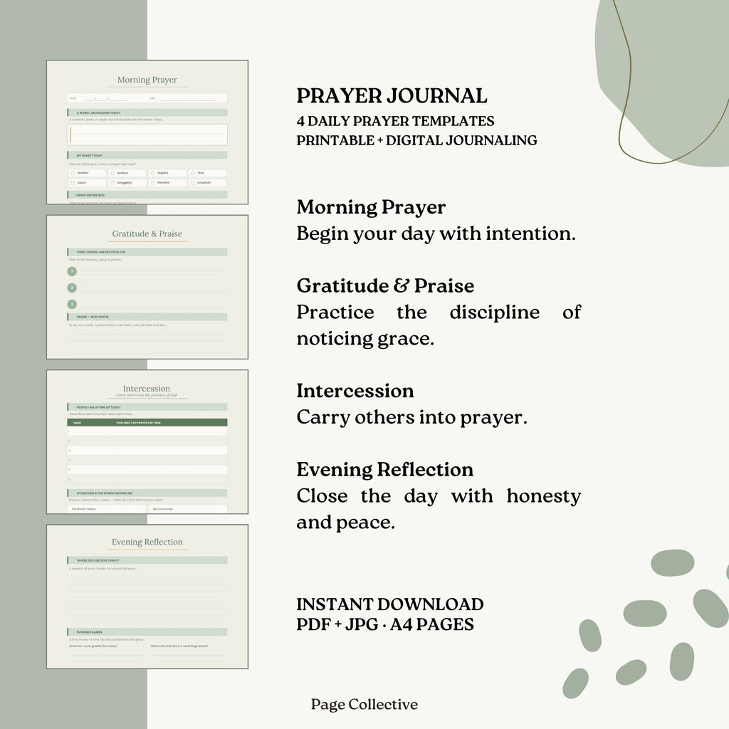 Promotional infographic for Daily Prayer Journal Template Bundle by Page Collective