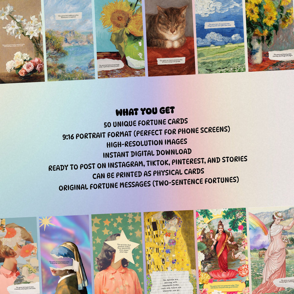 Promotional image of 50 unique fortune cards with various designs and text.