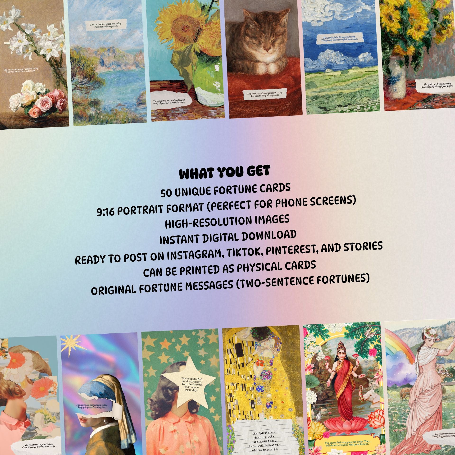 Promotional image of 50 unique fortune cards with various designs and text.