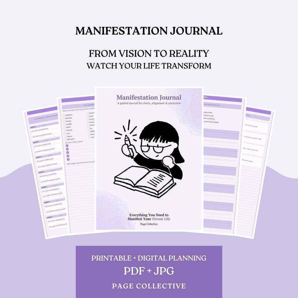 Manifestation journal with pages open on a light purple background