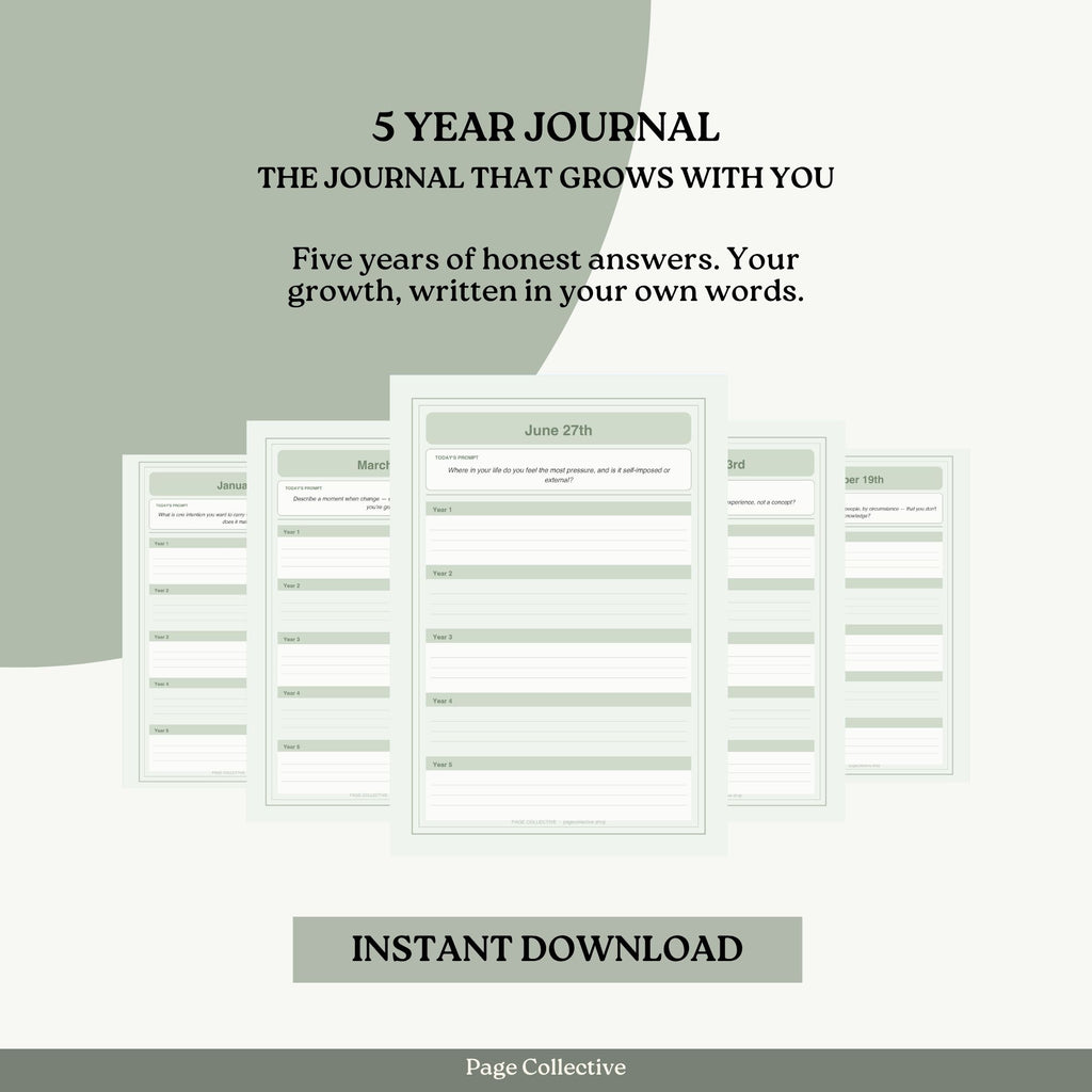 Promotional graphic for a 5-year journal with text and sample pages.