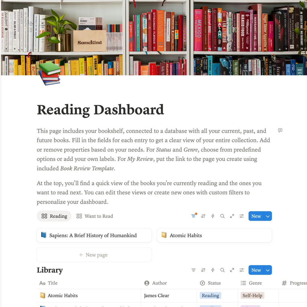 Reading dashboard interface with bookshelf background