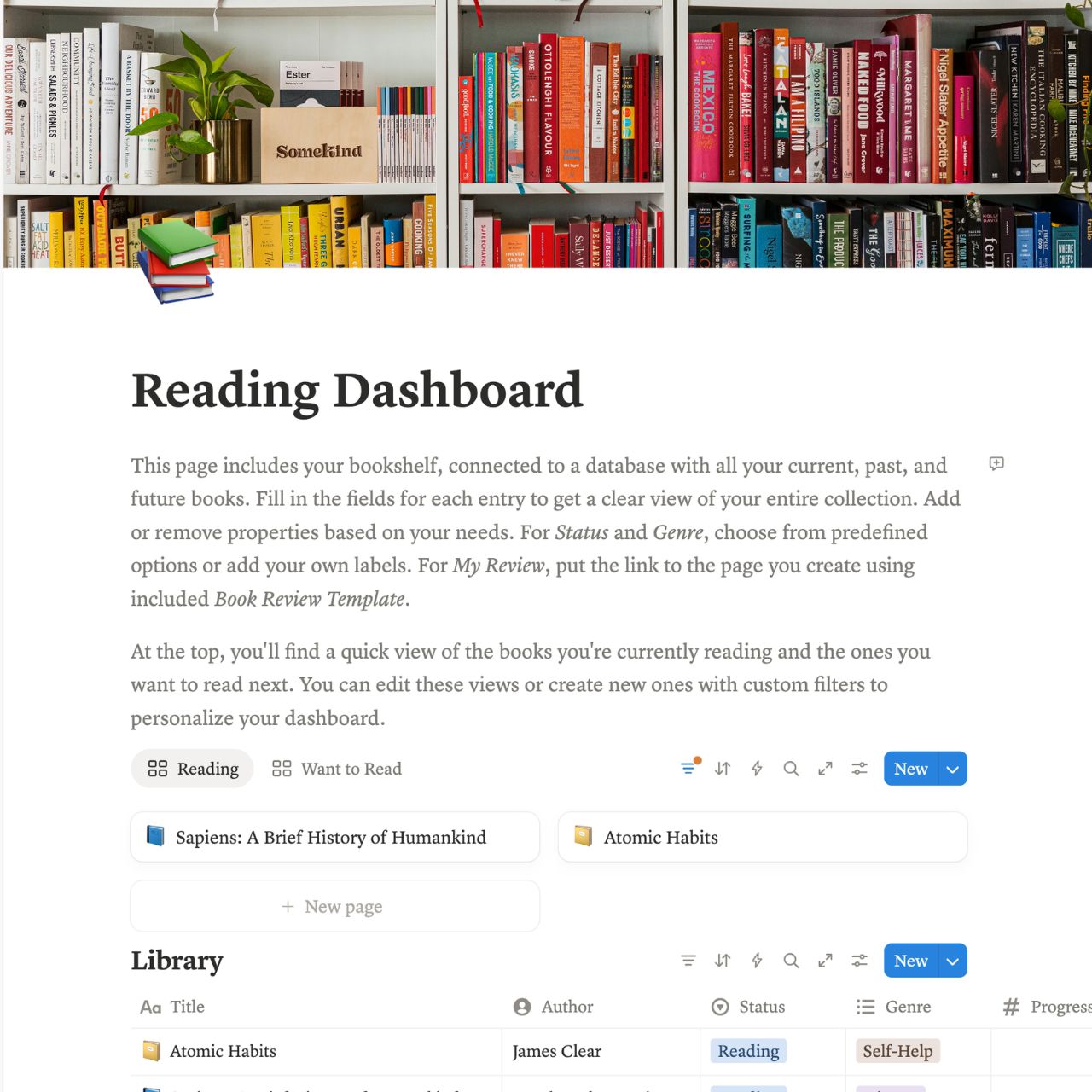 Reading dashboard interface with bookshelf background