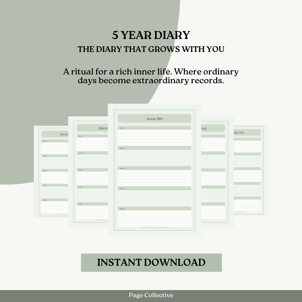 Promotional graphic for a 5-year diary with text and sample pages displayed.