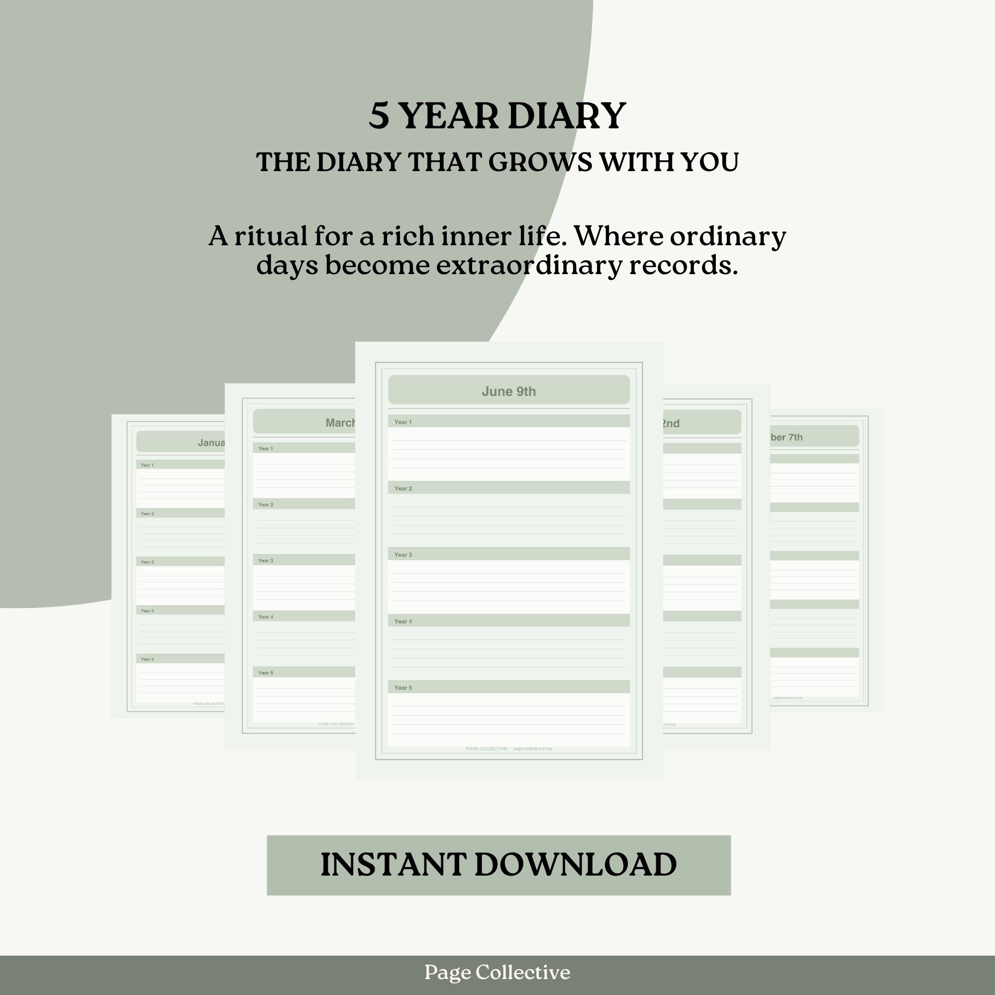 Promotional graphic for a 5-year diary with text and sample pages displayed.