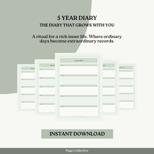 Promotional graphic for a 5-year diary with text and sample pages displayed.
