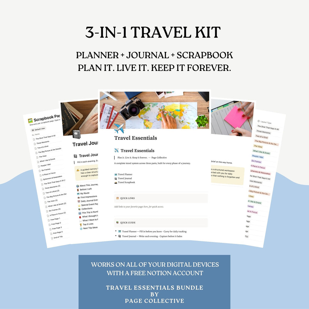 3-in-1 travel kit with planner, journal, and scrapbook on a white background