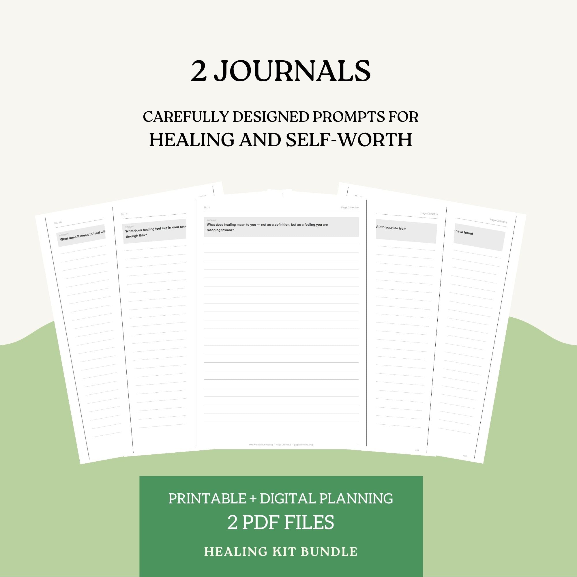 Two journals with prompts for healing and self-worth on a white background with green gradient at the bottom.