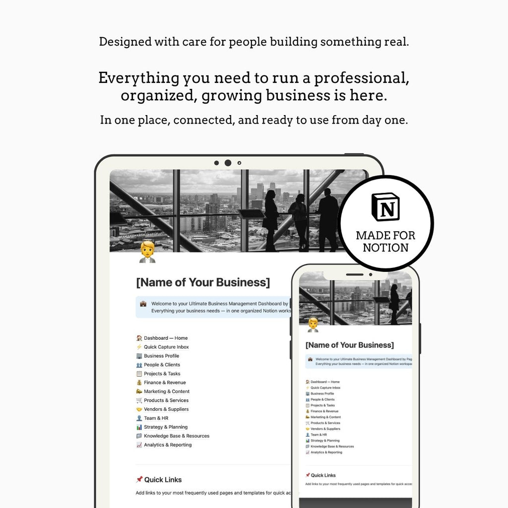 Screenshot of a business management dashboard with Notion branding on a white background