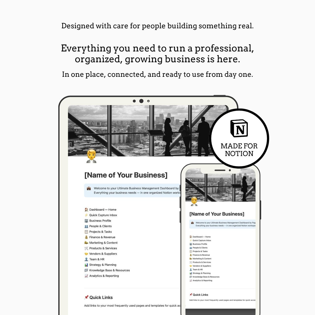 Screenshot of a business management dashboard with Notion branding on a white background