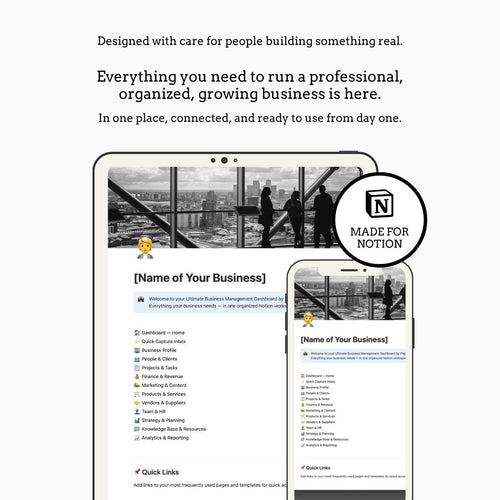 Screenshot of a business management dashboard with Notion branding on a white background