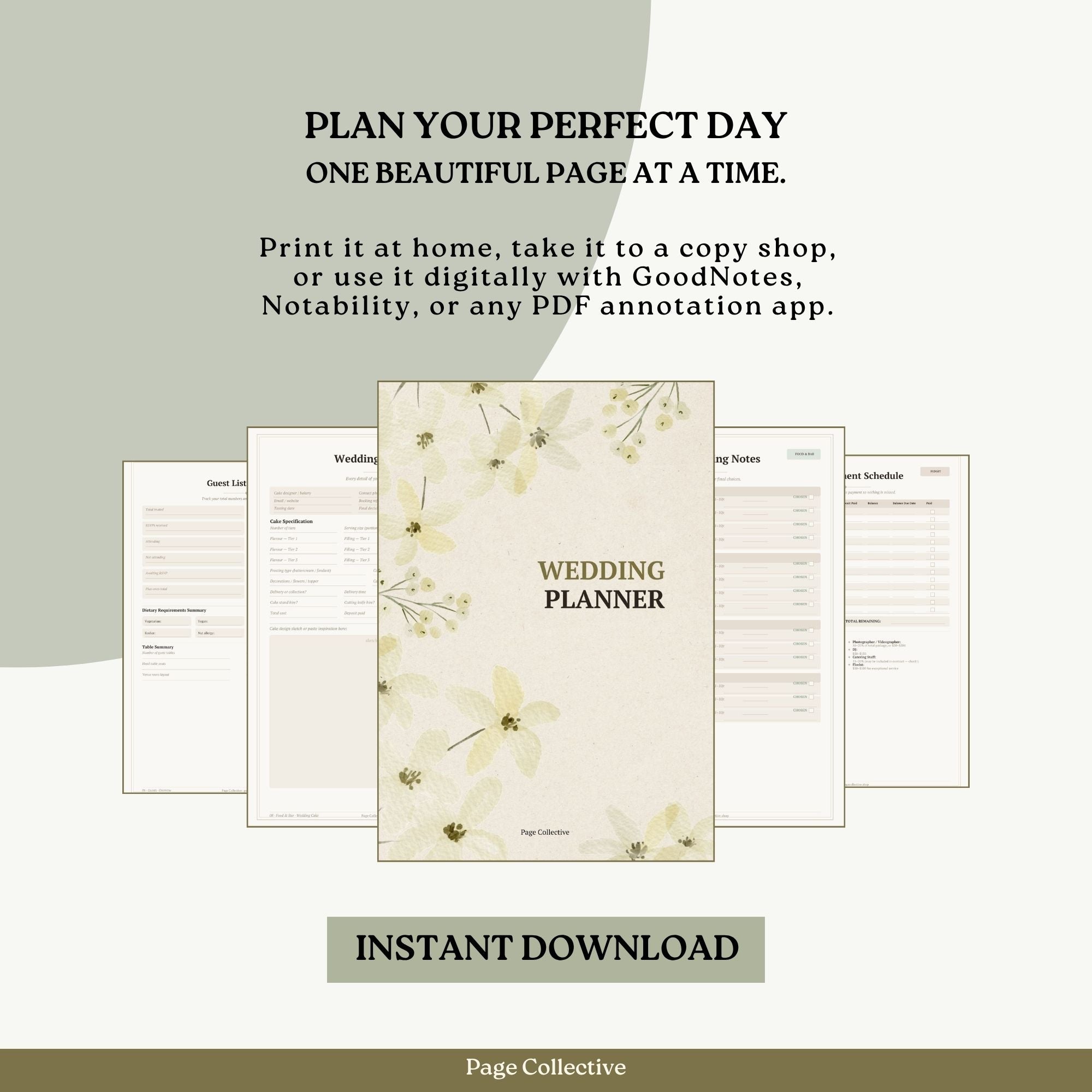 Wedding planner with floral design on a white background, featuring text about instant download and usage options.