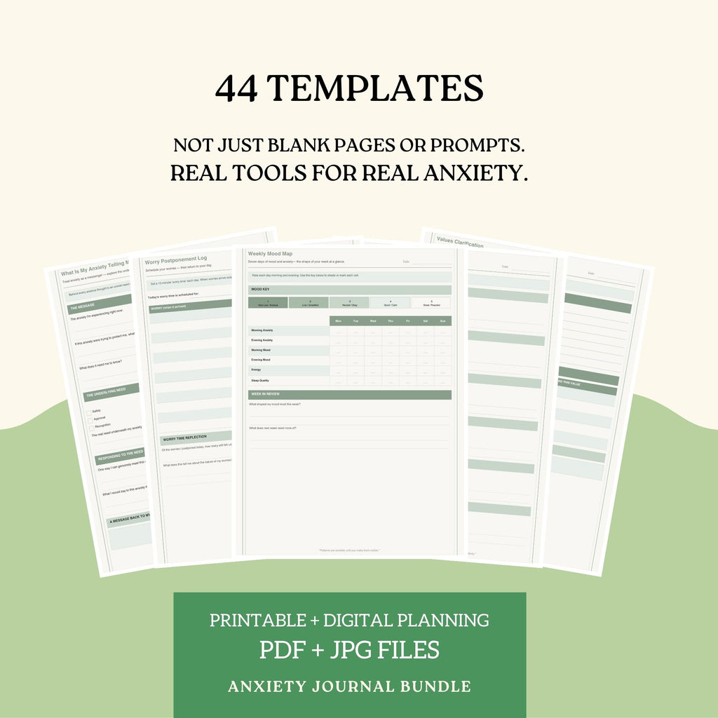 Anxiety journal bundle with 44 templates on a light beige background