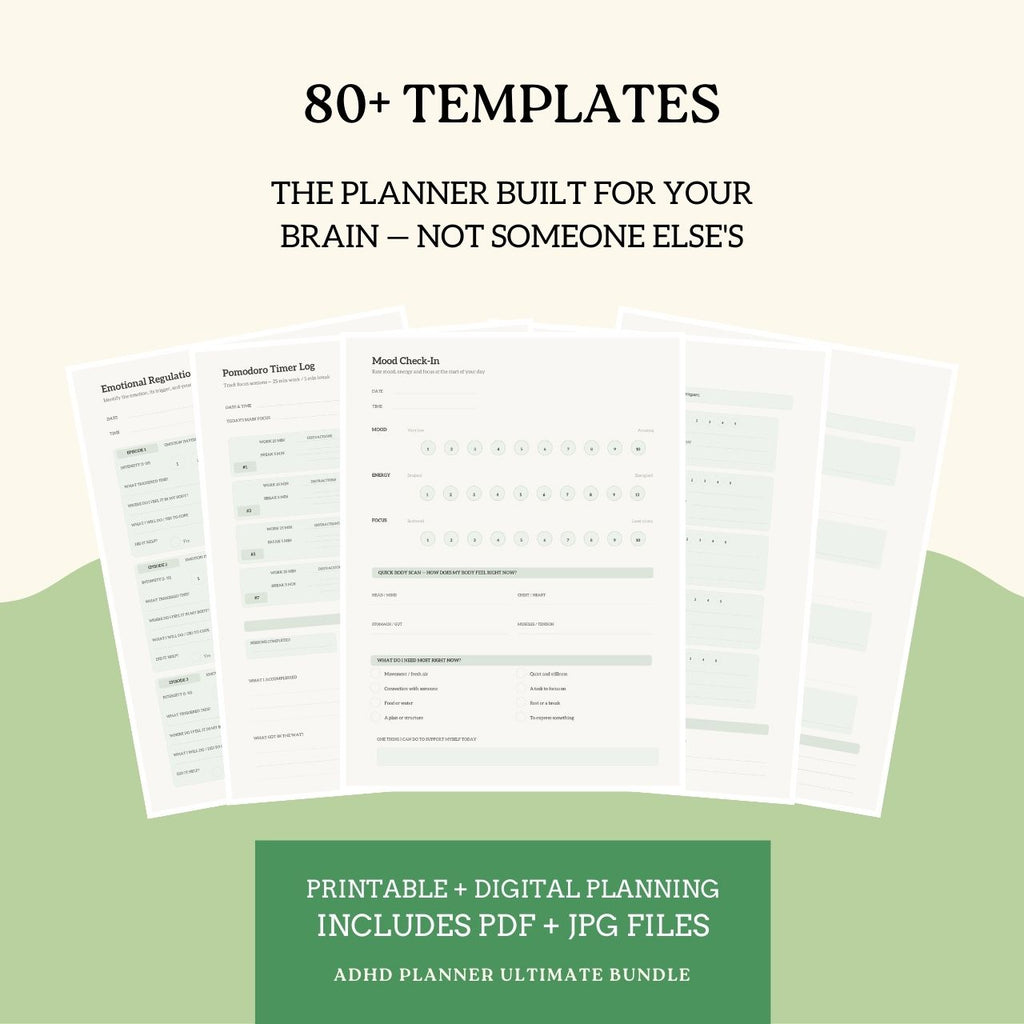 Planner templates with text on a beige and green background