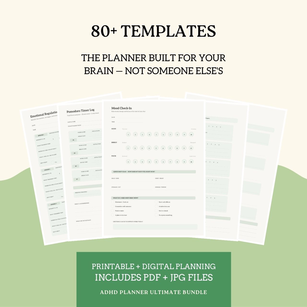 Planner templates with text on a beige and green background