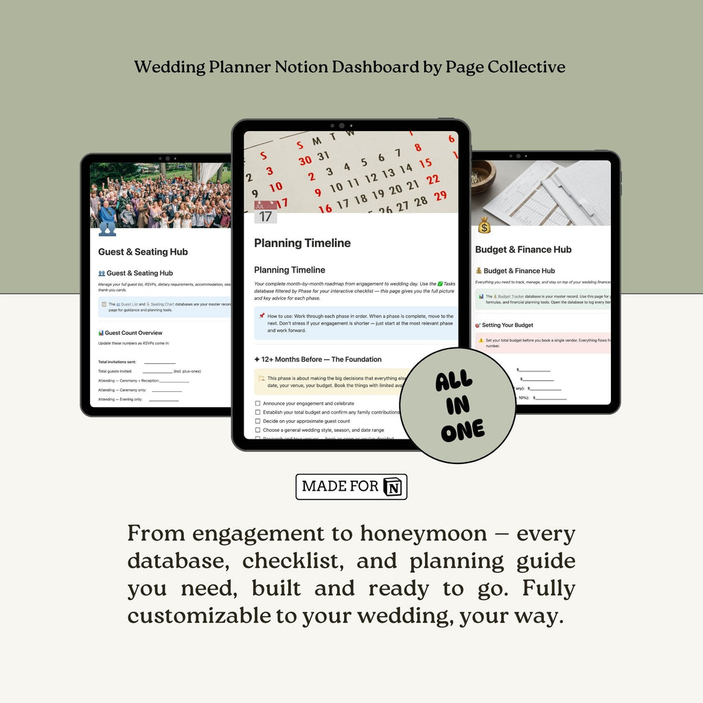 Wedding planner dashboard by Page Collective with screens showing different sections.