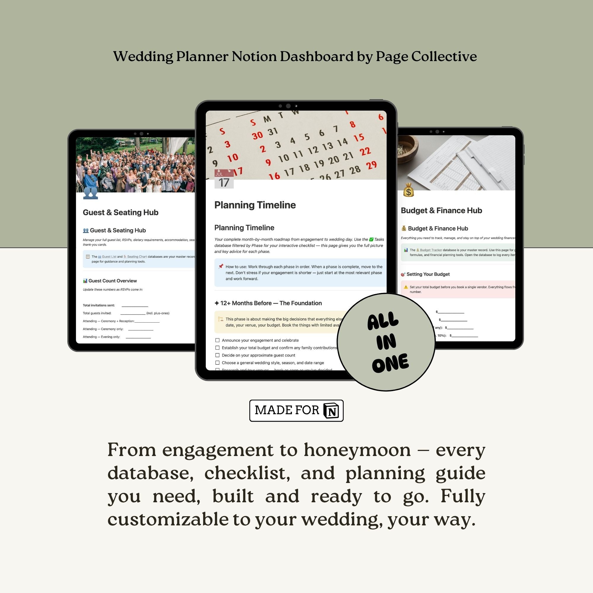 Wedding planner dashboard by Page Collective with screens showing different sections.