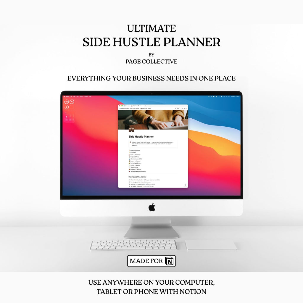 Promotional infographic for Notion Side Hustle Planner by Page Collective