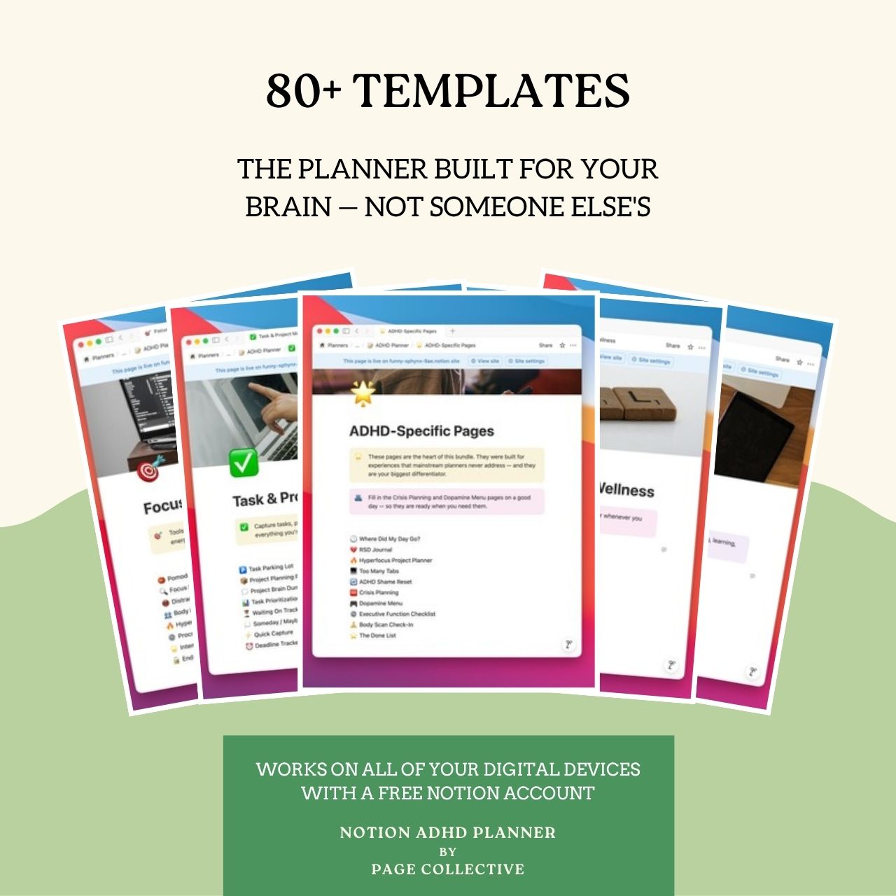 Promotional graphic for a planner with various templates on a white background.
