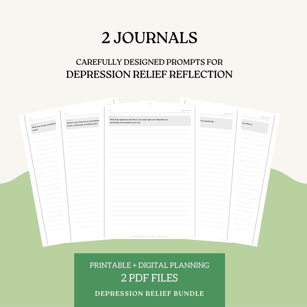 Two journals with prompts for depression relief reflection on a white background