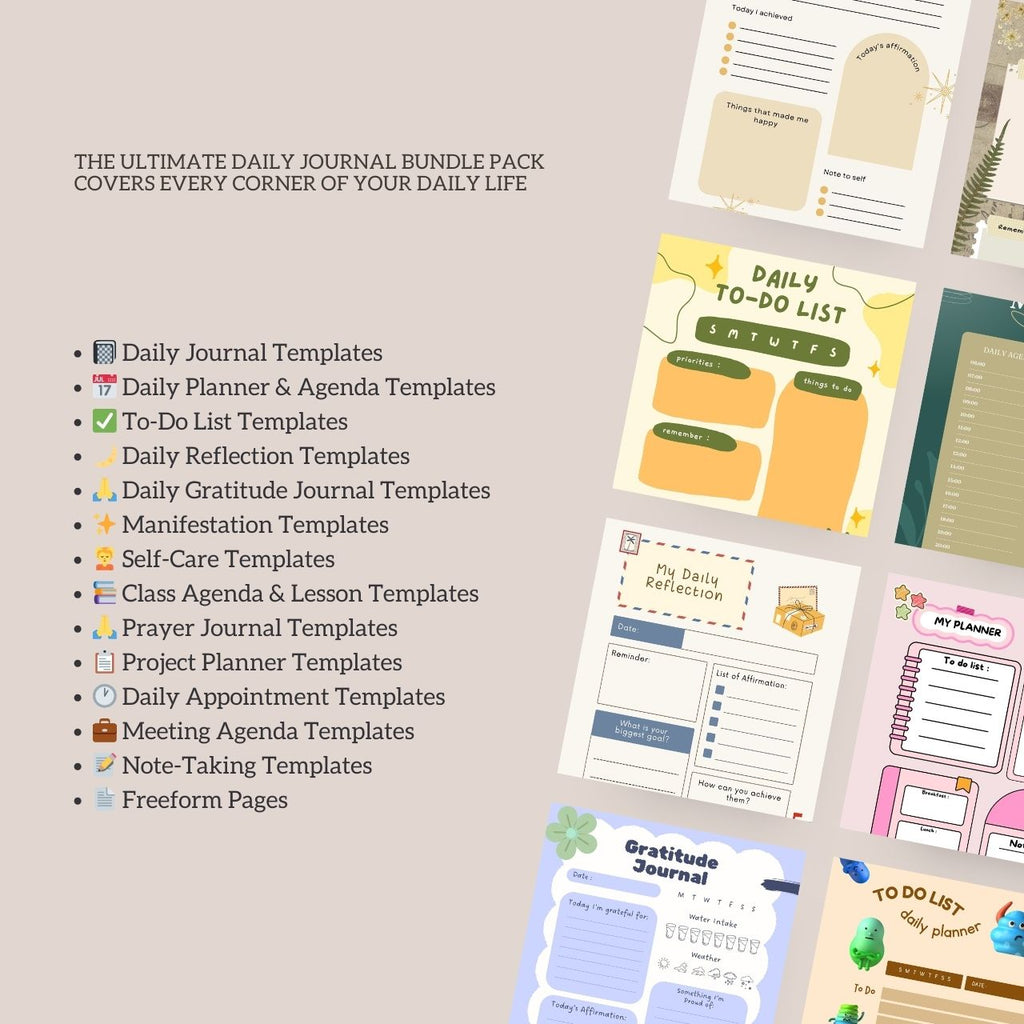 100+ Daily Journal Templates Bundle | Printable, Digital Planner (Instant Download)