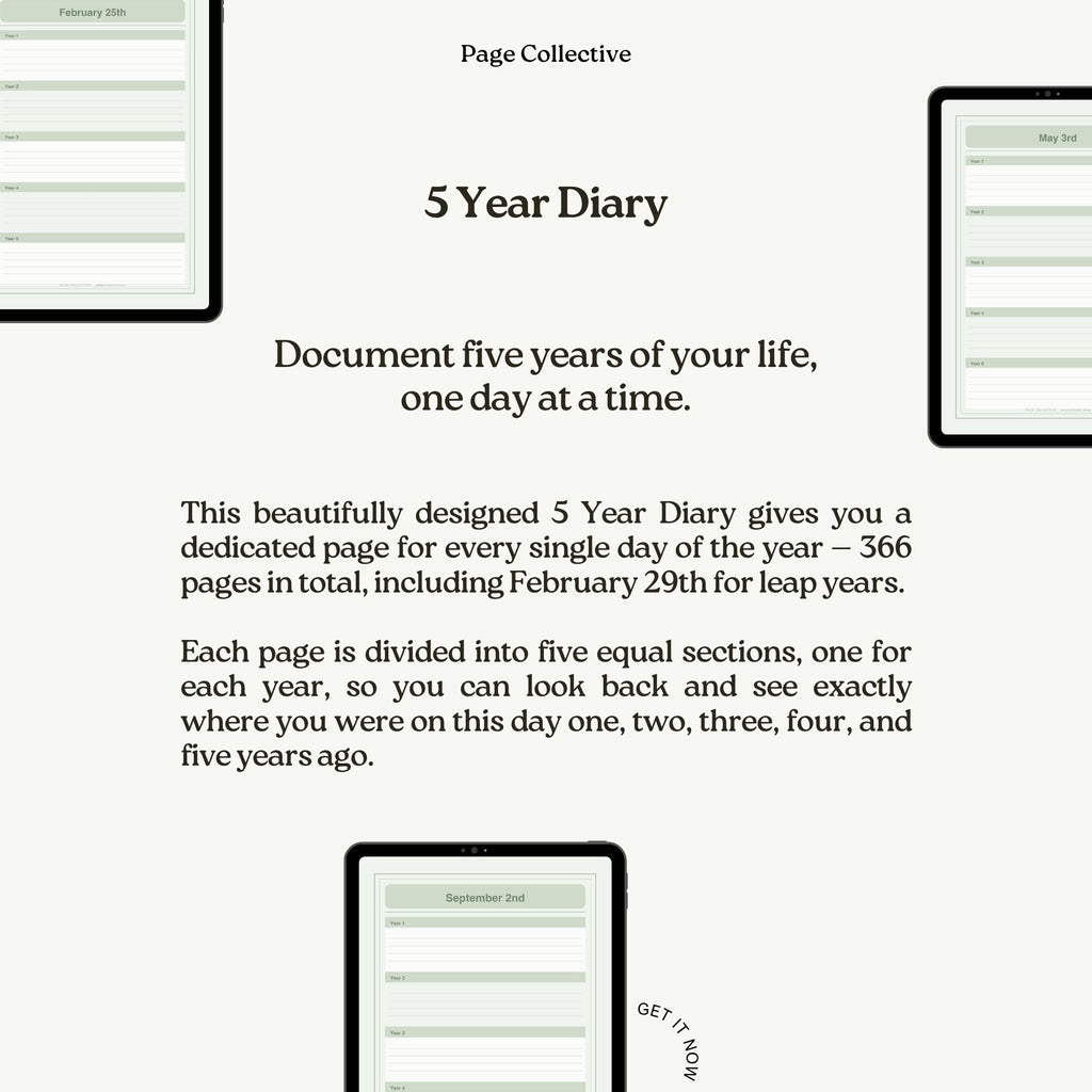 Promotional image for a 5 Year Diary with text and minimal design elements.