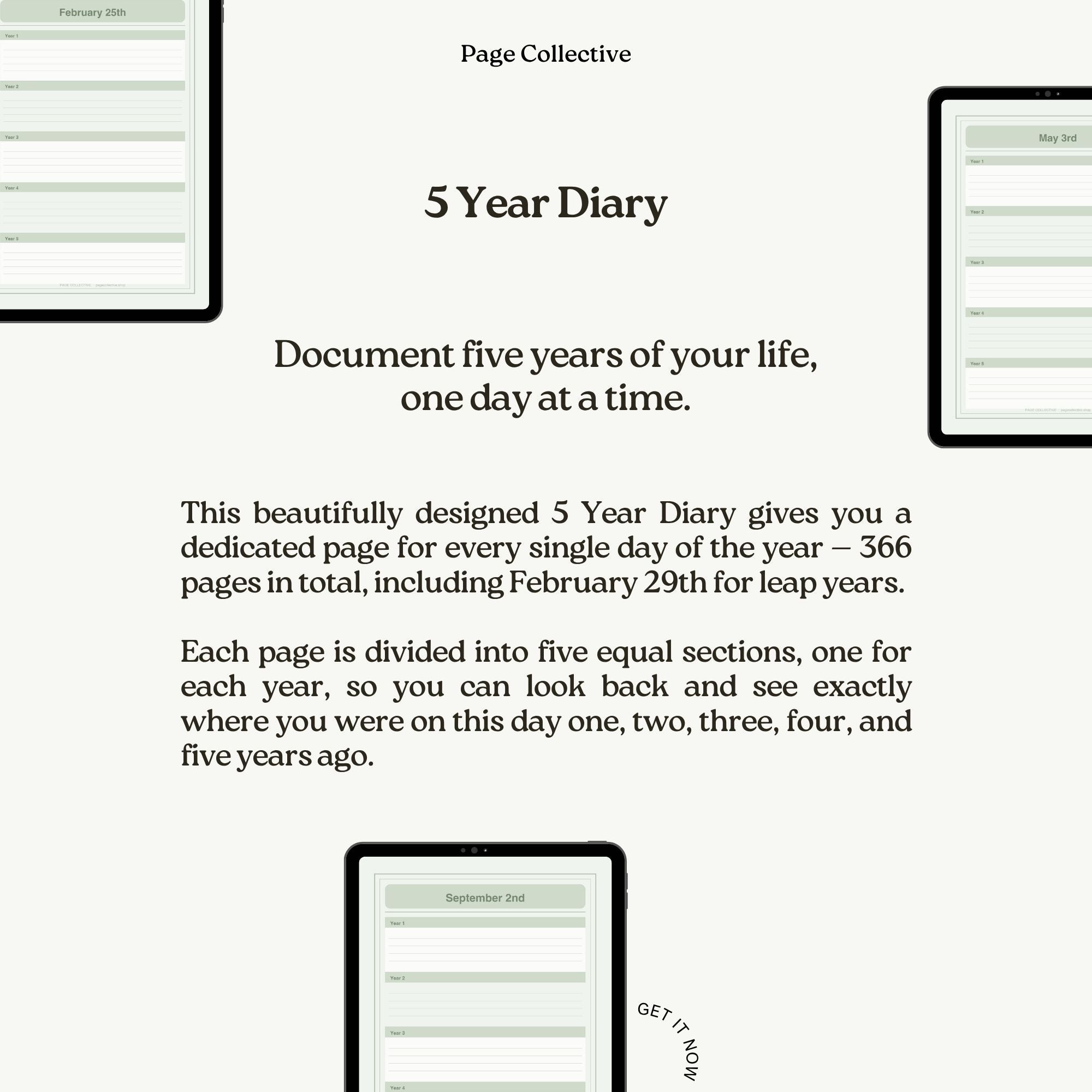Promotional image for a 5 Year Diary with text and minimal design elements.