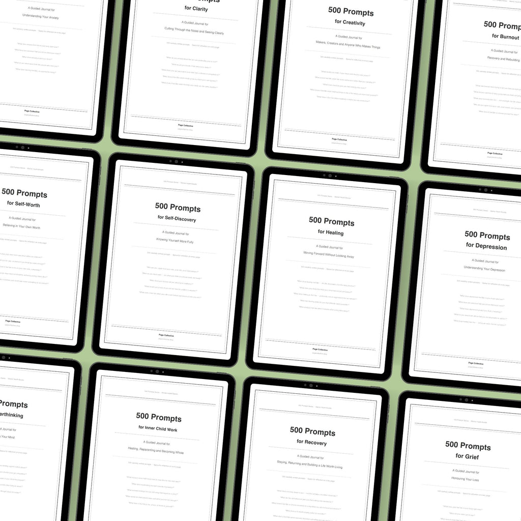 Grid of printed pages with prompts on a green background