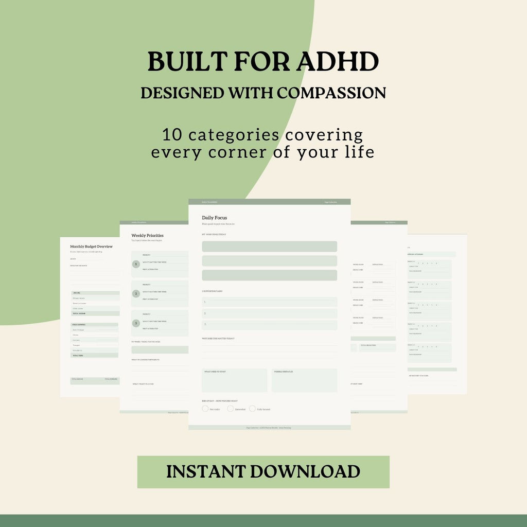 Product packaging with forms and text 'Built for ADHD, Designed with Compassion' on a light background
