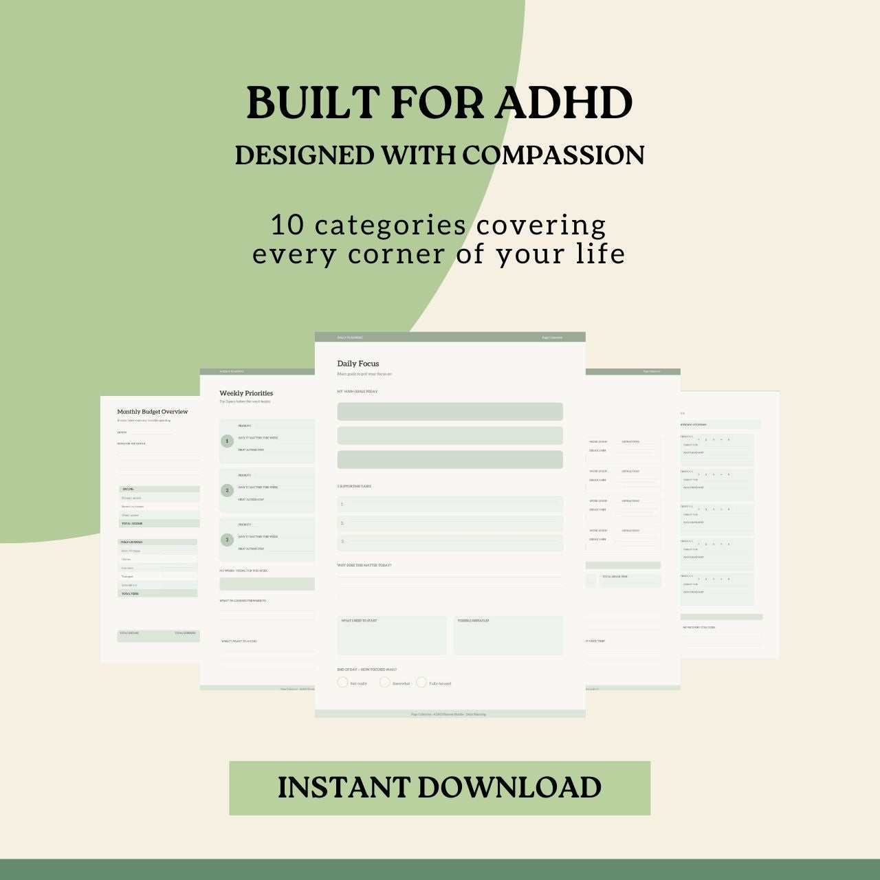 Product packaging with forms and text 'Built for ADHD, Designed with Compassion' on a light background