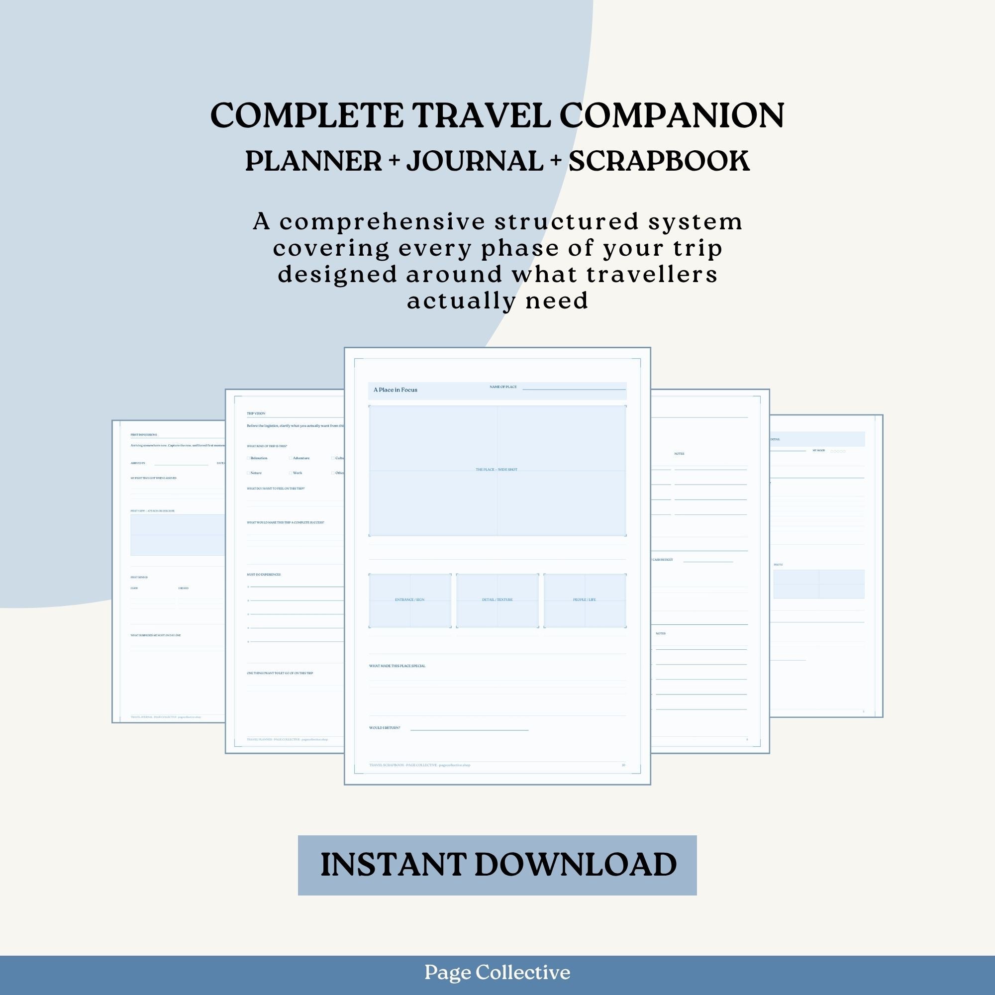 Cover of a travel planner, journal, and scrapbook with text on a light blue and white background.