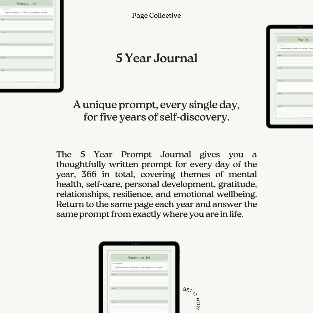 Promotional image for a 5 Year Journal with text and minimal design elements.