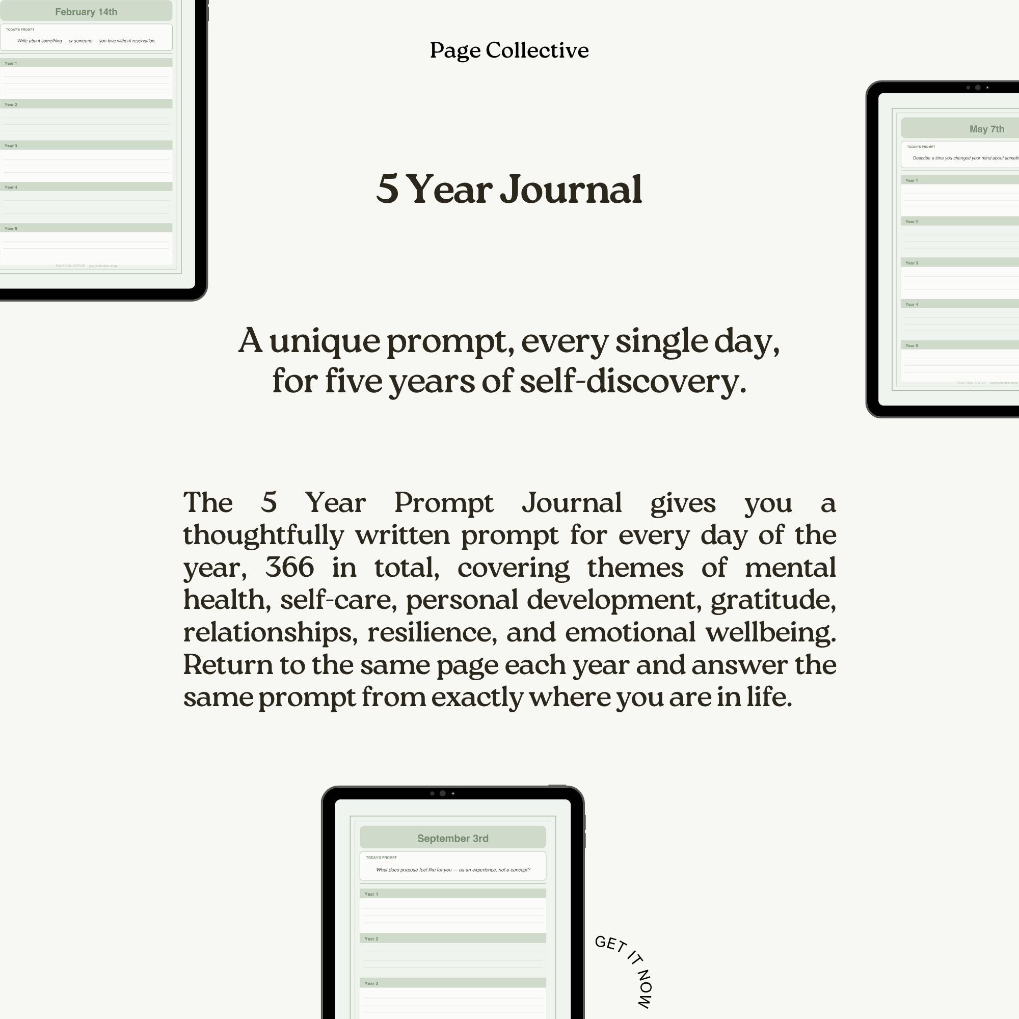 Promotional image for a 5 Year Journal with text and minimal design elements.