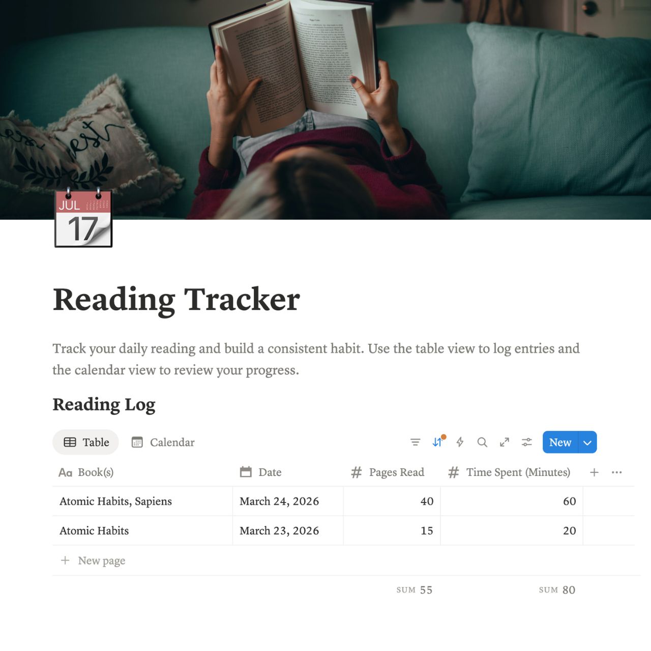 Reading tracker app interface with a person reading a book on a couch.
