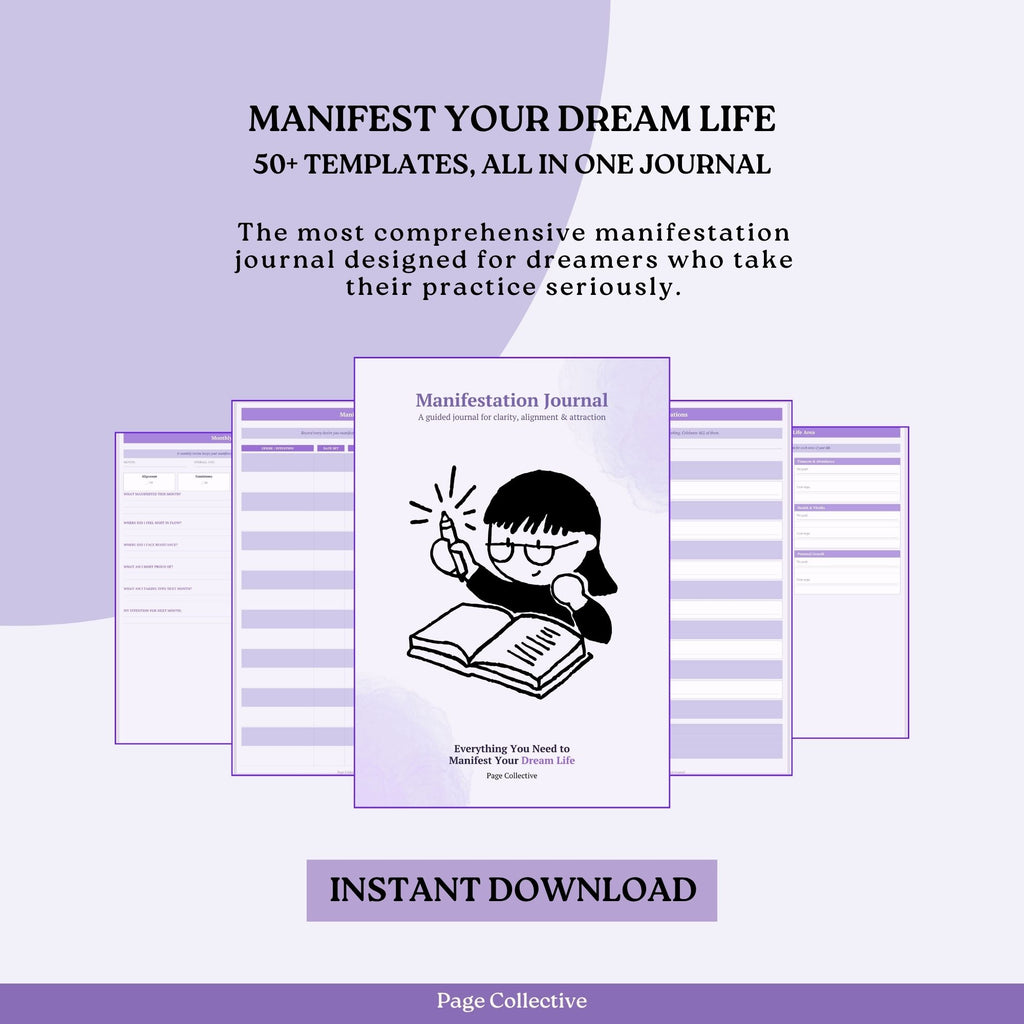 Manifestation journal with templates on a purple background