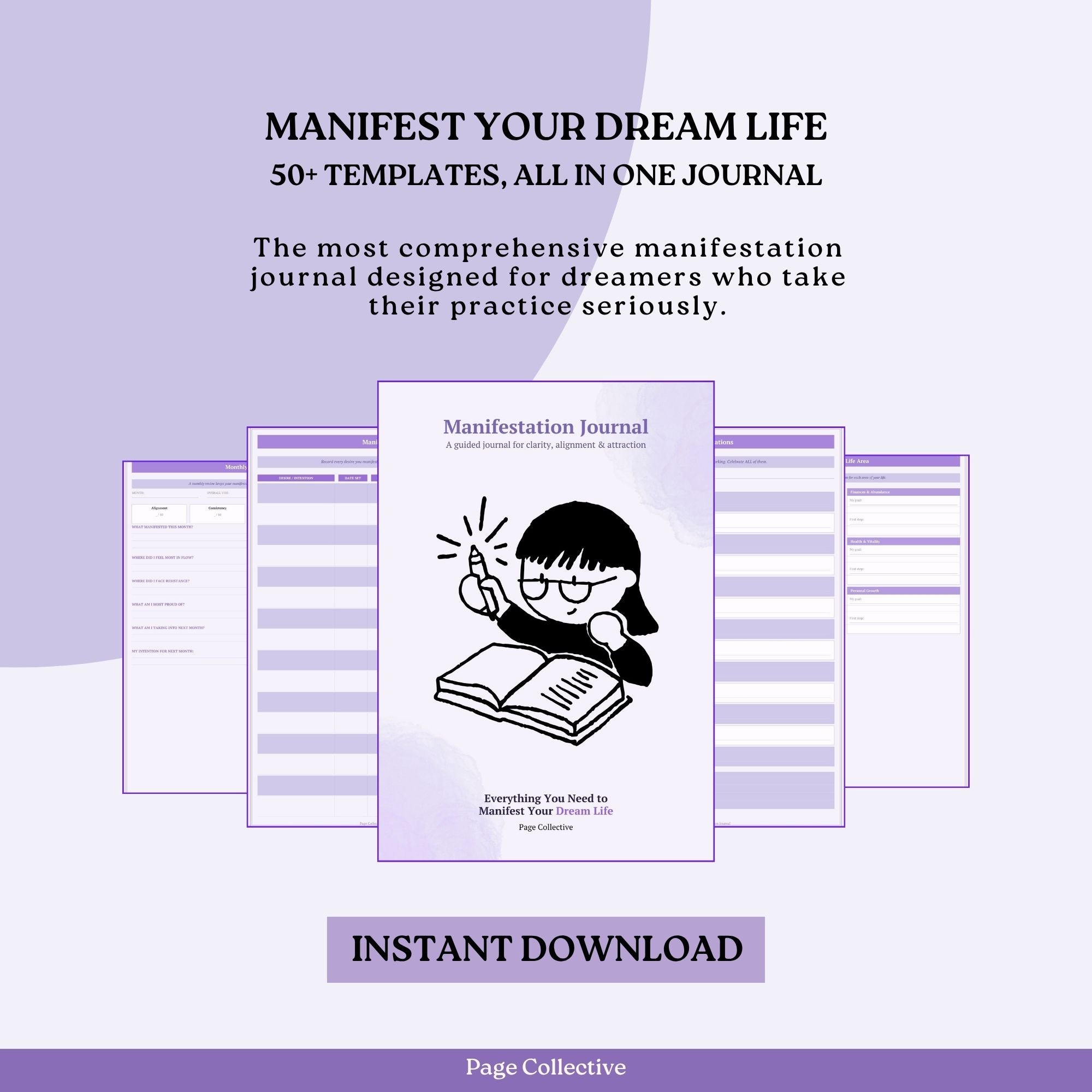 Manifestation journal with templates on a purple background