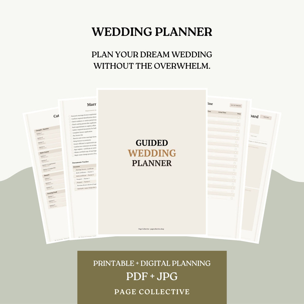 Guided wedding planner with printable and digital options on a light background